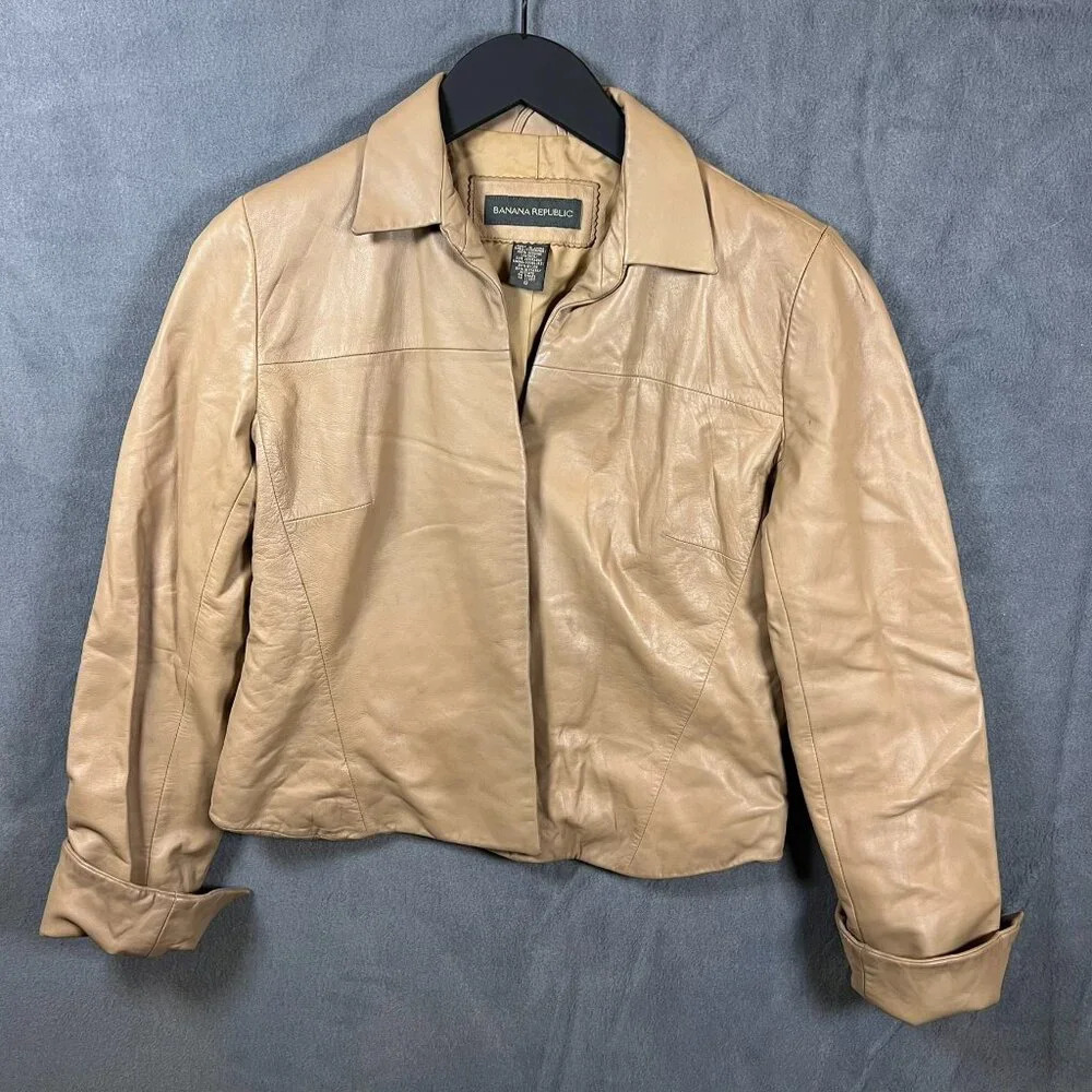 Vintage Y2K 80's Banana Republic Leather Jacket Camel Tan S hook eye clasp